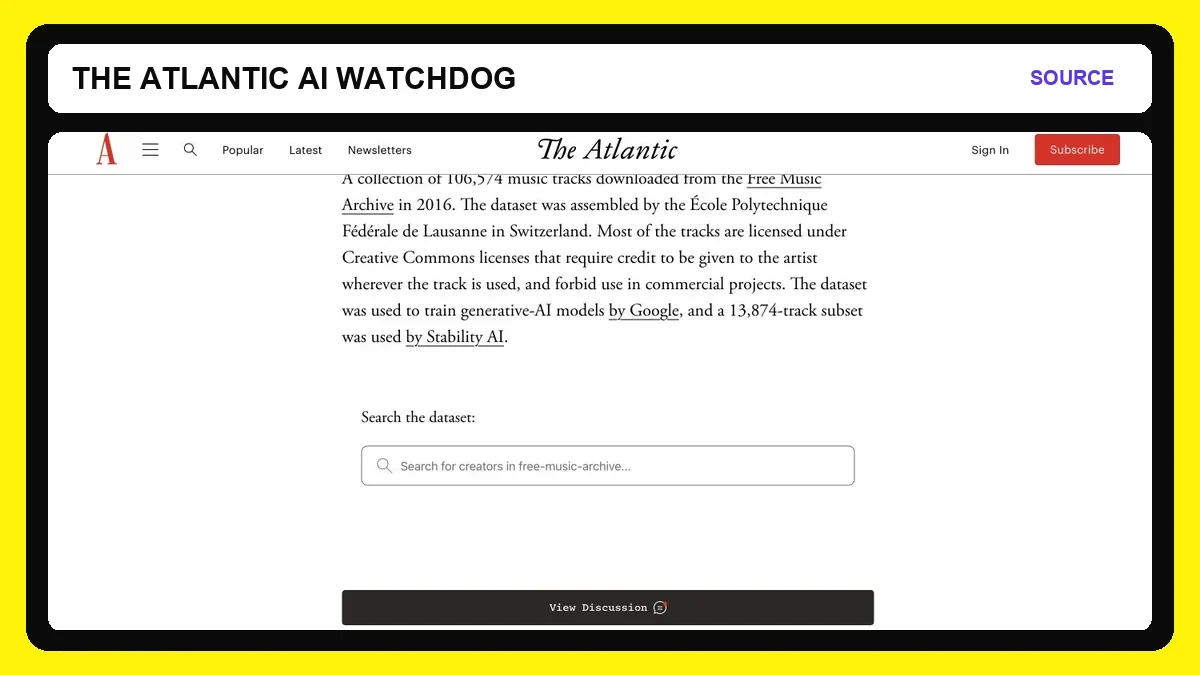 Screenshot of The Atlantic AI Watchdog Free Music Archive dataset search tool and dataset description