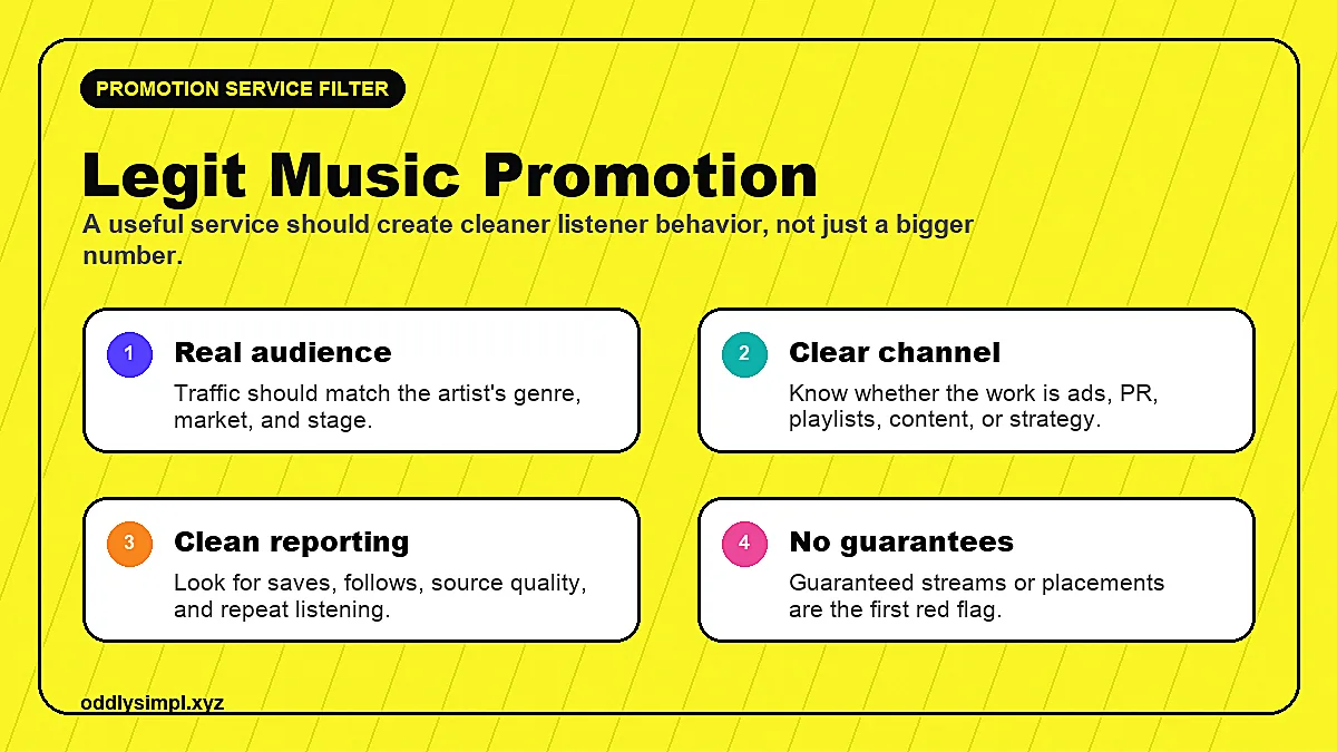 Music promotion service filter showing real audience, clear channel, clean reporting, and no guarantees