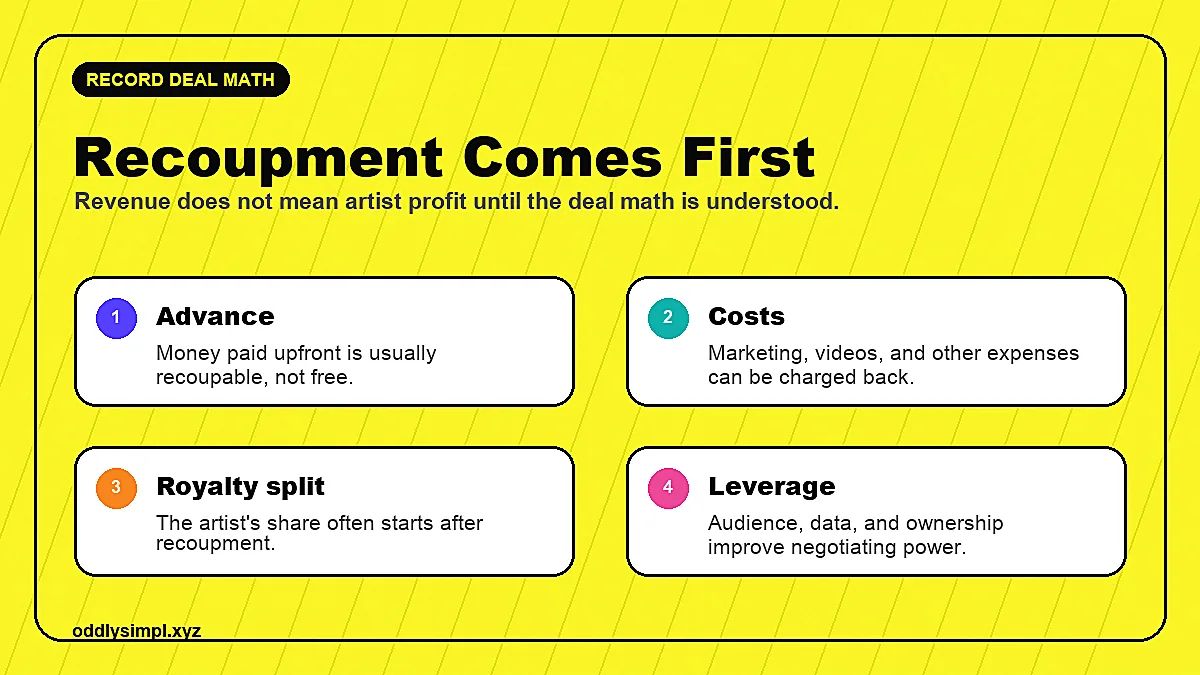 Record deal recoupment map showing advance, costs, royalty split, and leverage